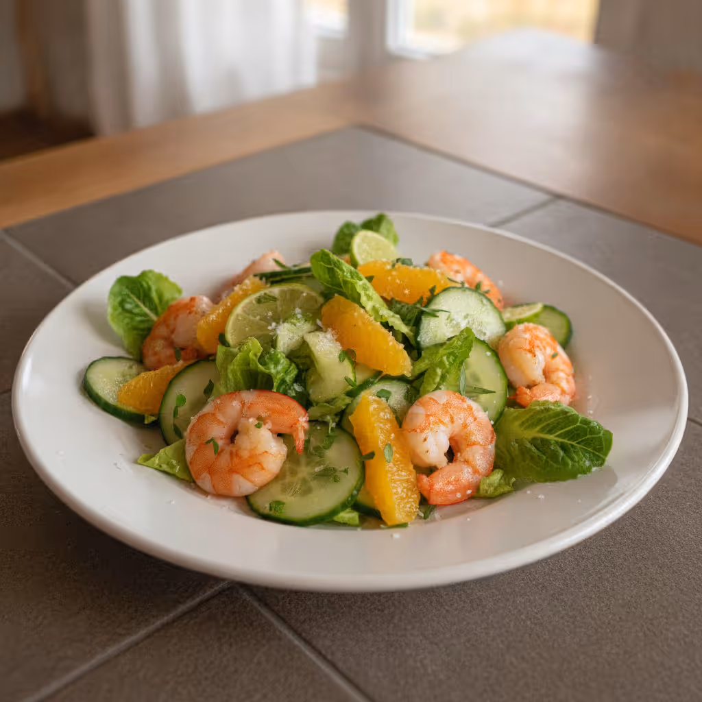 Agurke-appelsinsalat med scampi, klar til servering