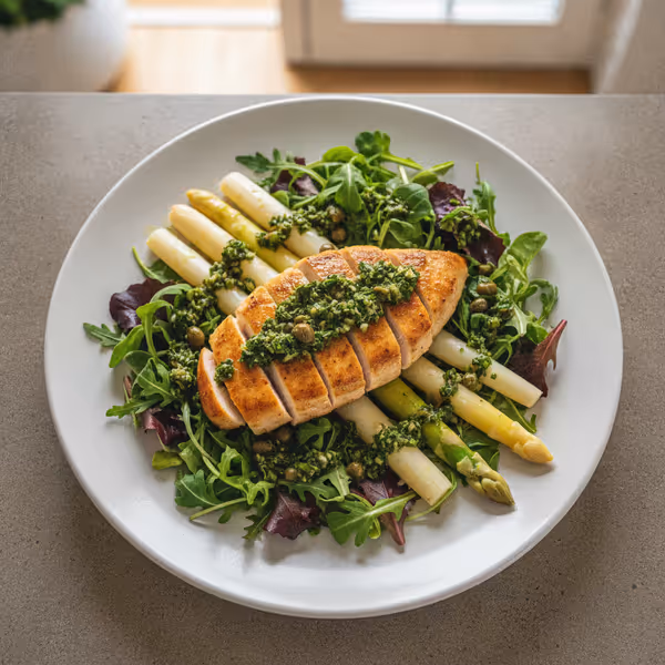 Asparges og kyllingebryst på babysalat med salsa verde