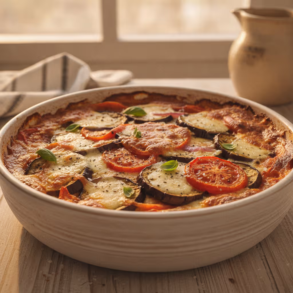 Auberginegratin med mozzarella og tomat, klar til servering