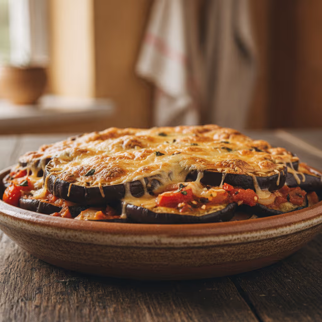 Auberginepizza, klar til servering