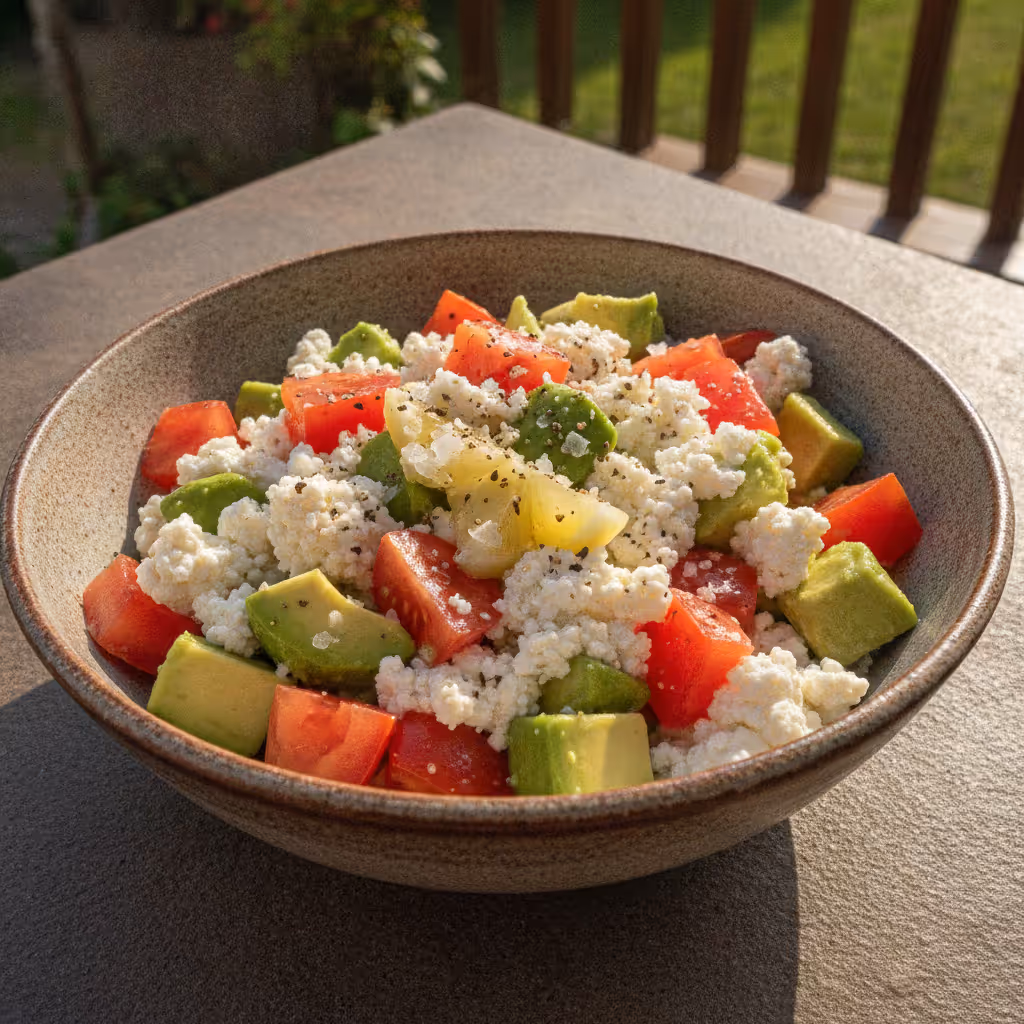 Avocadosalat med hytteost, klar til servering