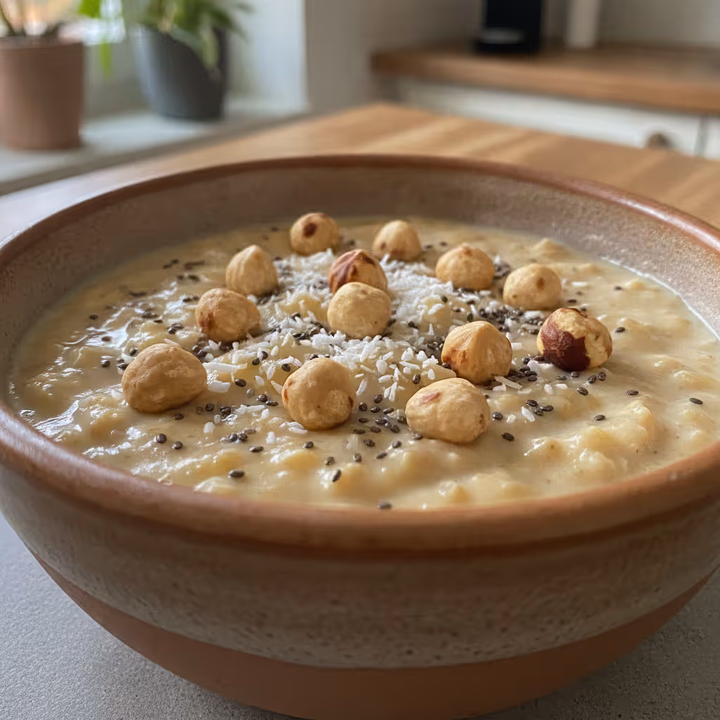 Banan-hasselnød-kokos-pudding, klar til servering