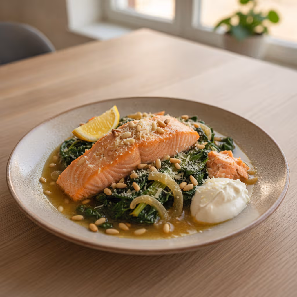 Bladbedepande med laks, pinjekerner og parmesan, klar til servering