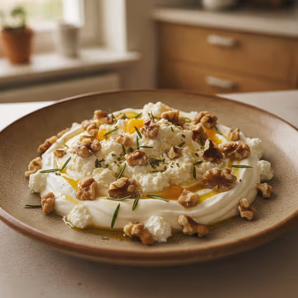 Yoghurt med valnødder og rosmarin, klar til servering